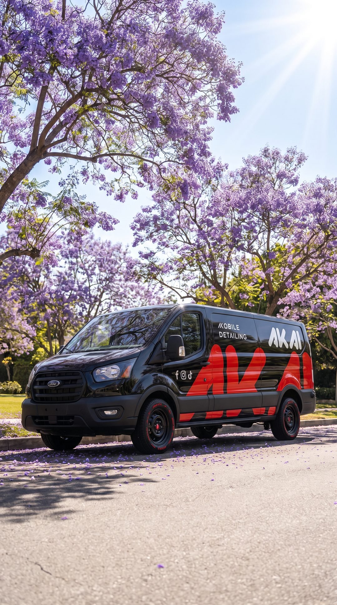 The AKAI van parked in bright daylight on a Pasadena street lined with blooming jacaranda trees.