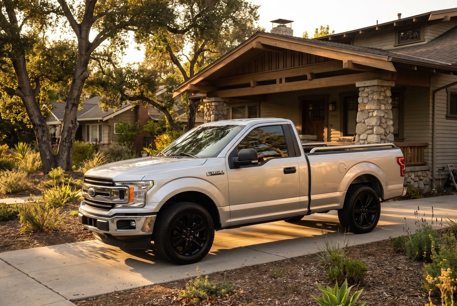 A silver Ford F-150 detailed in the driveway of a Craftsman home.