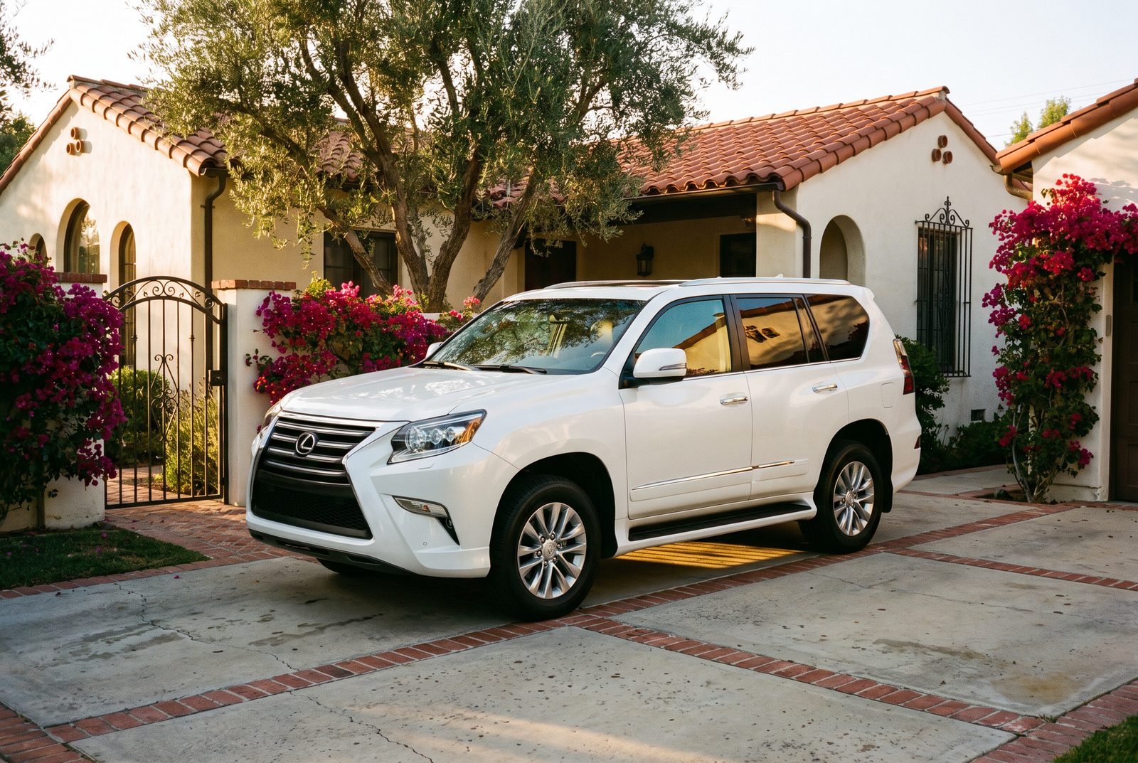 A white Lexus GX parked on a brick-edged driveway outside a Spanish Revival home in San Marino, paint and trim freshly detailed.