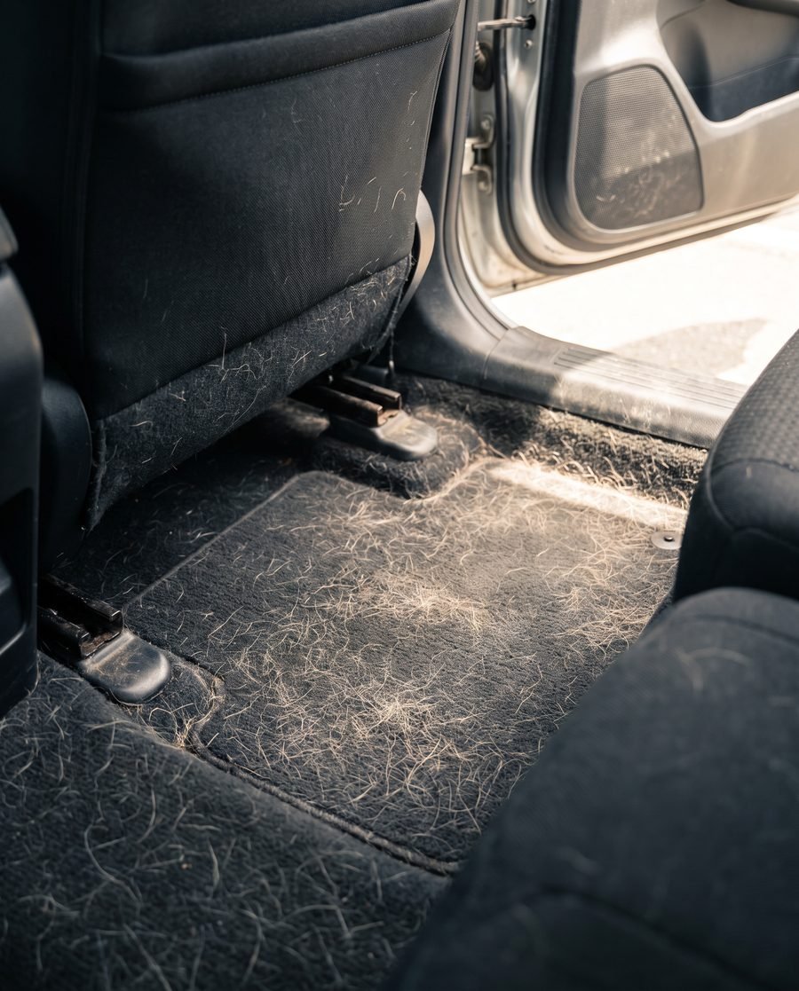 Pet hair embedded deep into dark car carpet fibres.