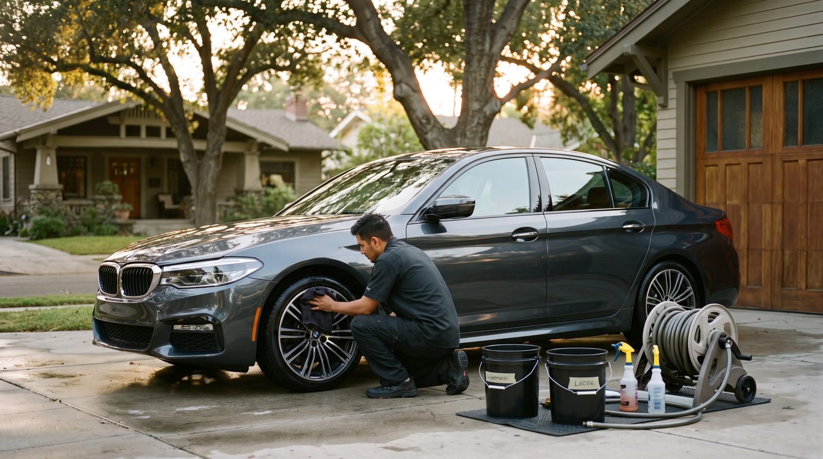 A detailer kneeling beside a clean dark sedan, wiping a wheel face with folded microfiber.