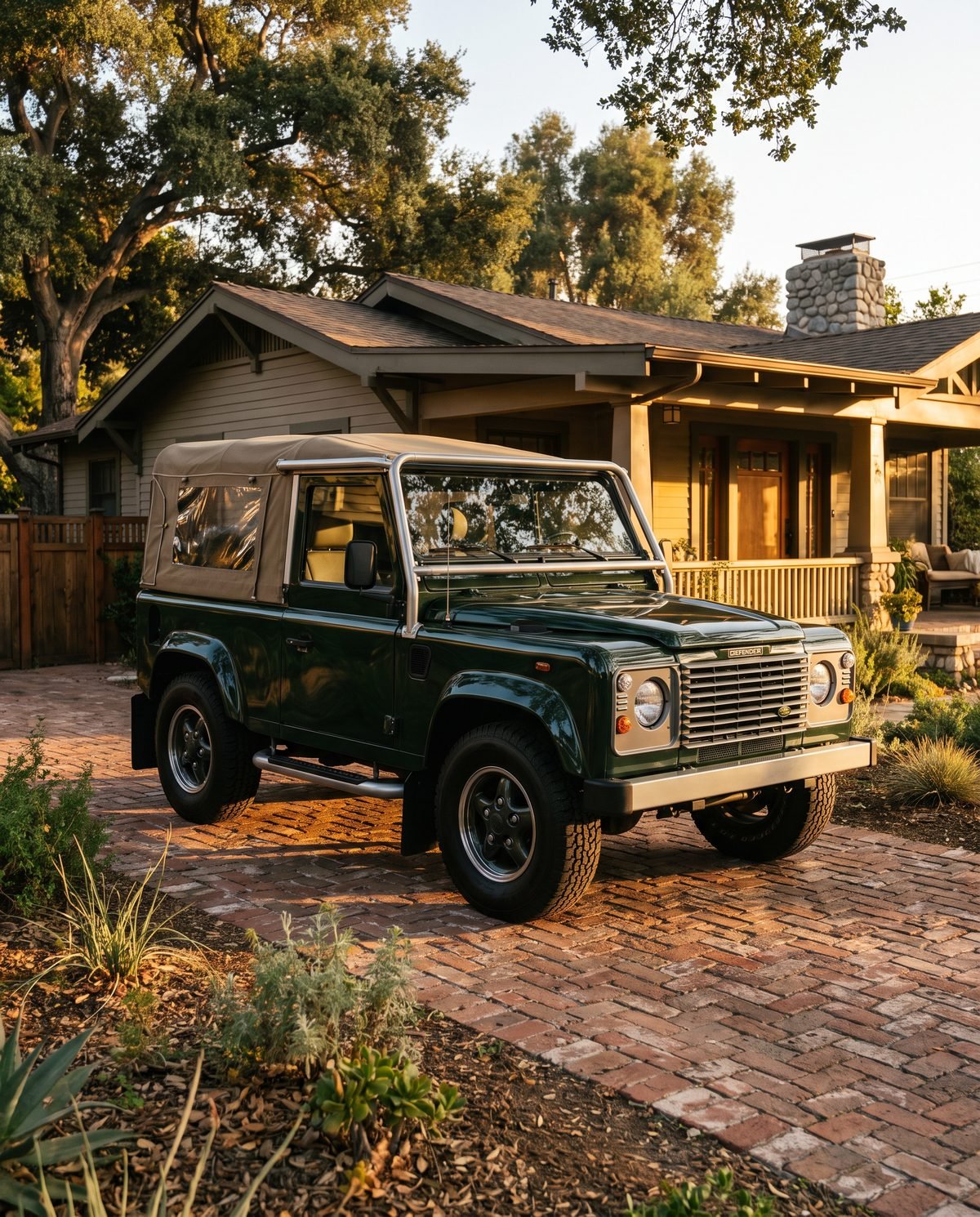 An immaculately maintained dark green Land Rover Defender on the brick driveway of a Pasadena Craftsman home.