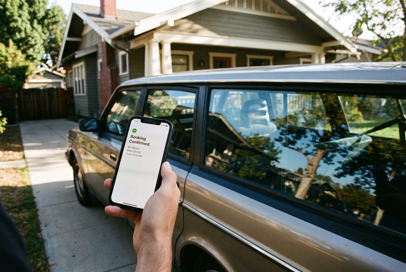 A phone showing a booking confirmation beside a car in a Pasadena driveway.