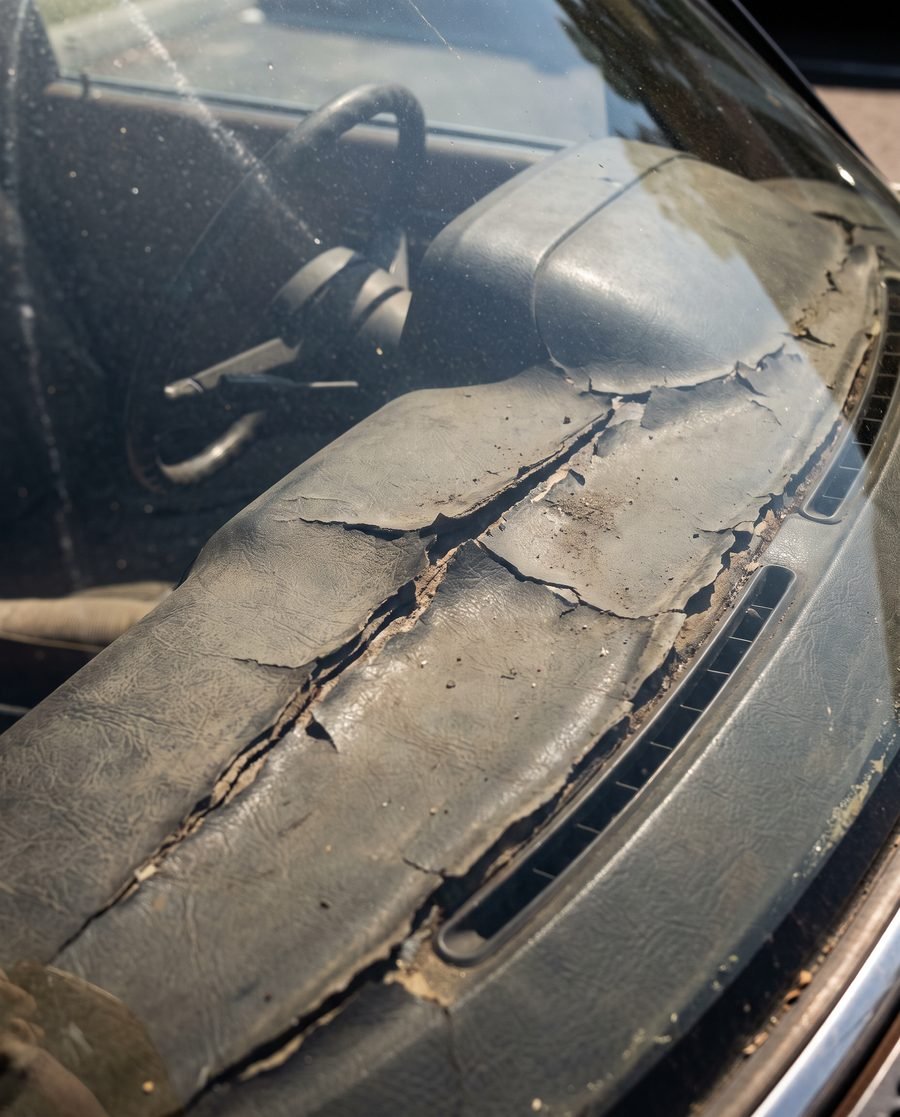 A car dashboard badly sun-damaged, the vinyl faded, dried out and split with a long crack.