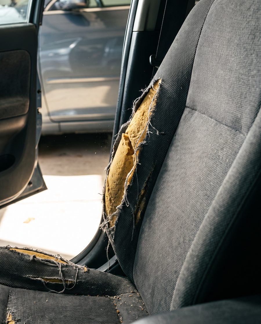 A worn cloth car seat with the fabric thin, frayed and split open at the seam exposing foam.