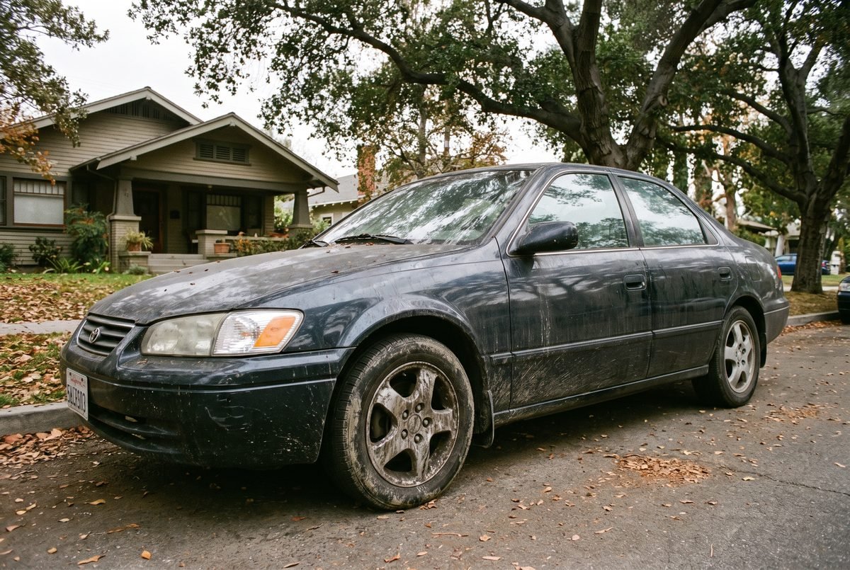 A dark sedan on a Pasadena street with heavy road film, dried water spotting and filthy wheels.