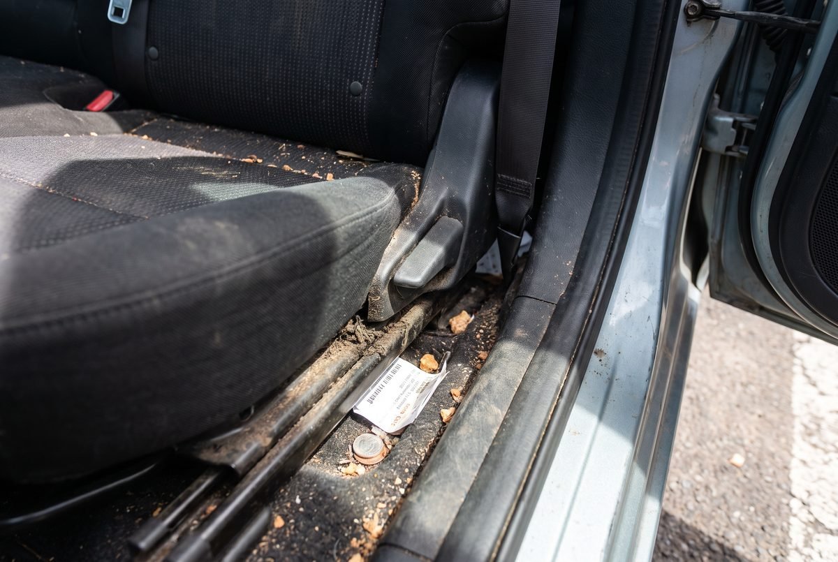 Car rear seat crevices and belt anchor points packed with accumulated debris and dark grime.