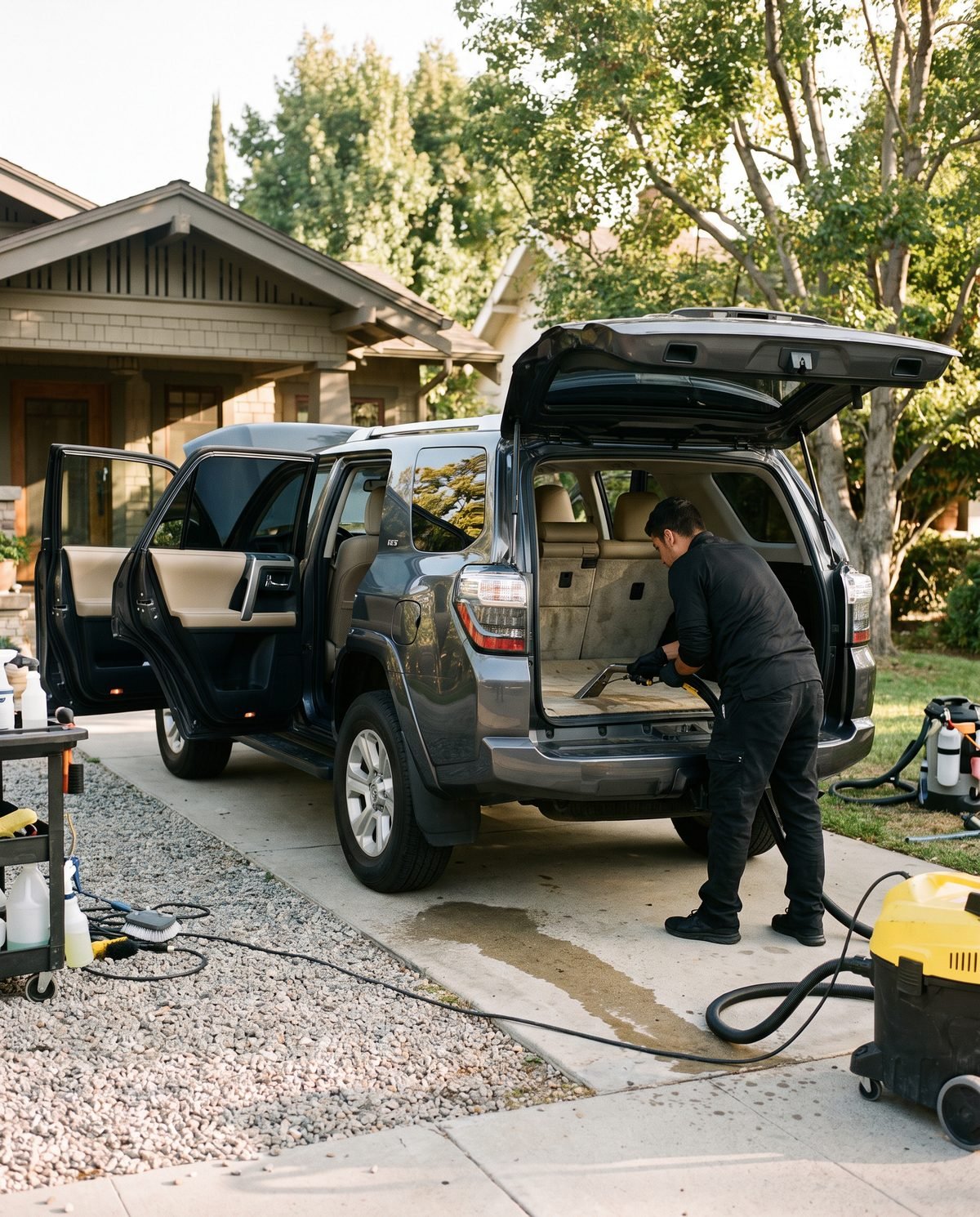 A grey SUV with all doors open while a detailer works an extraction tool across heavily soiled rear carpet.