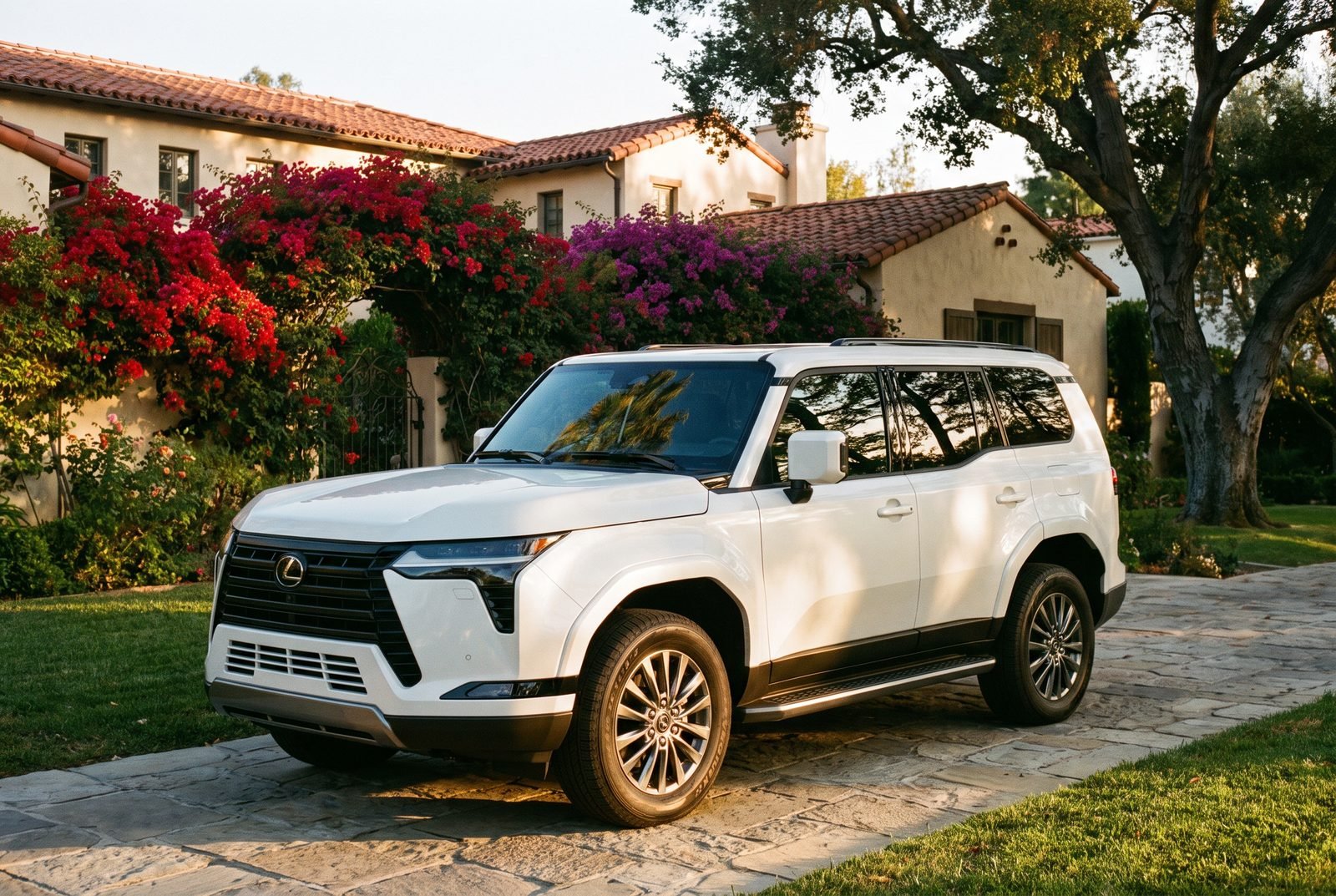 A white Lexus GX detailed and parked outside a Spanish Revival home in San Marino.