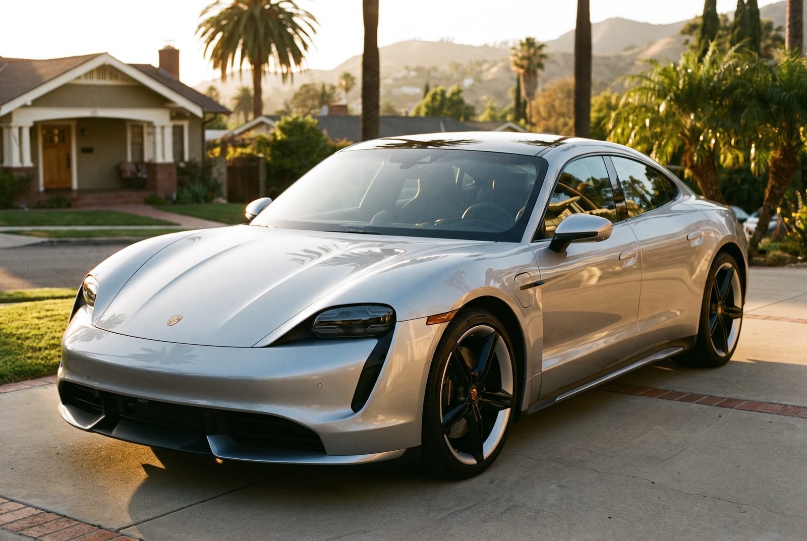 A silver Porsche Taycan detailed in a Glendale driveway at golden hour.