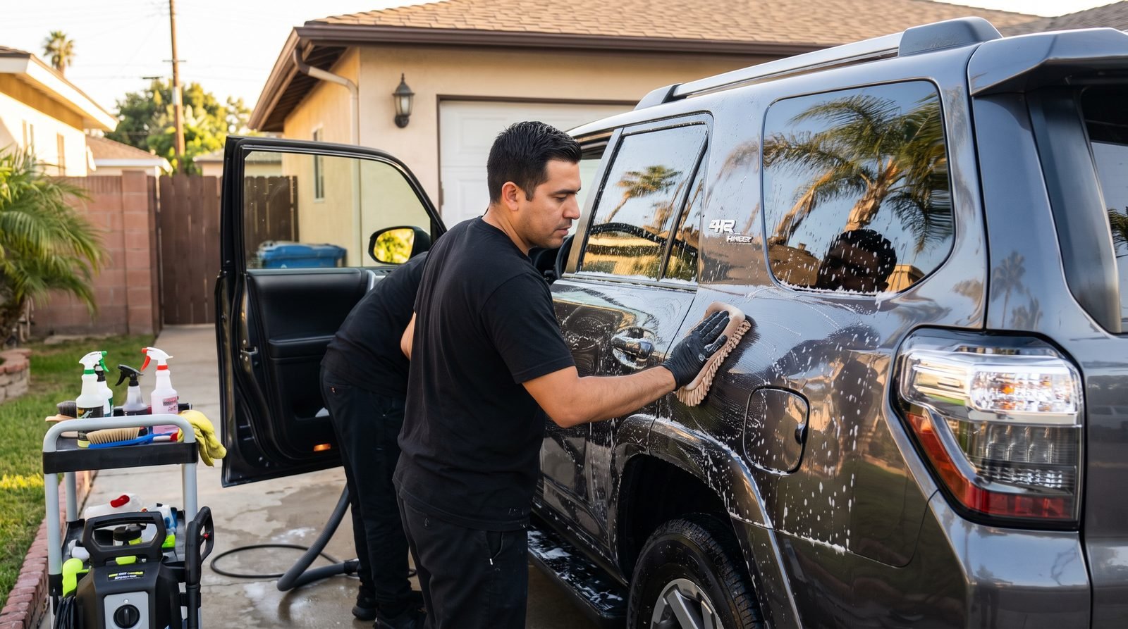 A detailer working a clay mitt across a foamed door panel while a second vacuums the open interior.