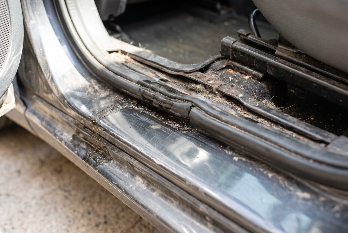 An open car door jamb and seat rail with dark grime built up in the crevices and seams.