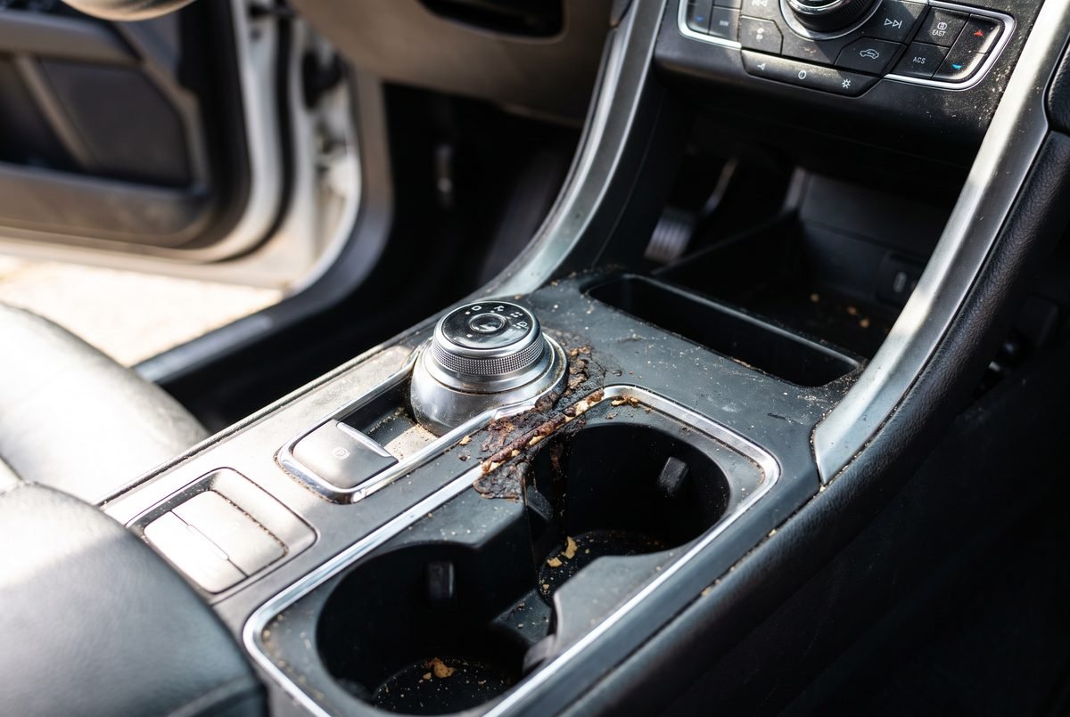 A car centre console and cupholders with sticky dried residue, dust and crumbs in the seams.