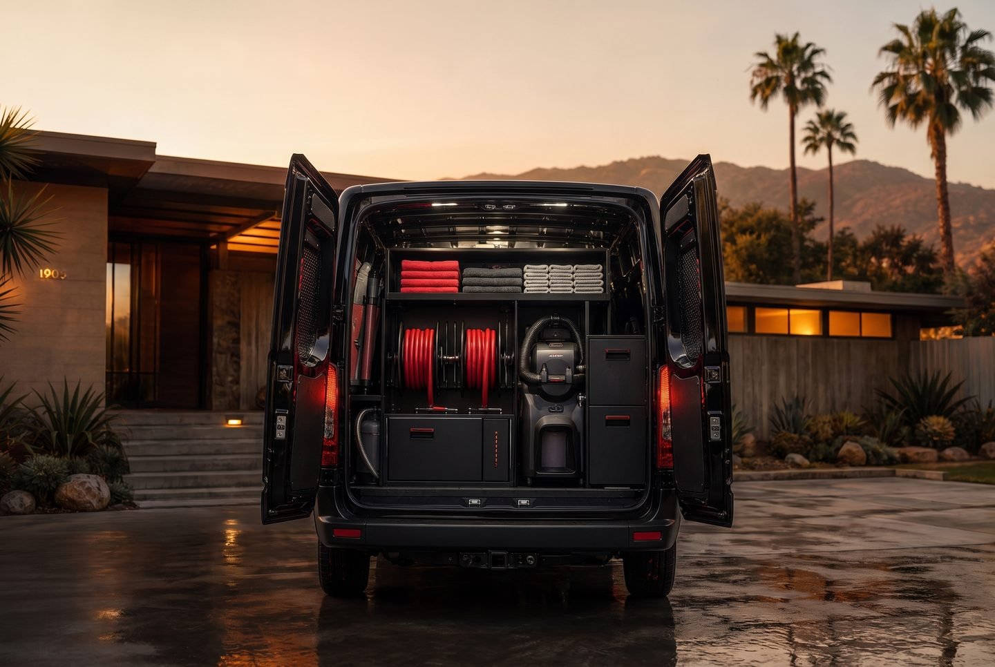 The AKAI van photographed straight on from behind with both rear doors open, showing the organized mobile studio of hose reels, extraction equipment and folded microfiber.